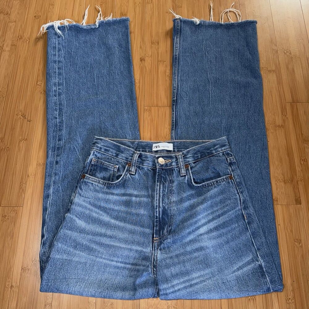 Zara High Rise Wide Leg Jeans Womens 4 Blue Frayed Hem 100% Cotton 34” Inseam